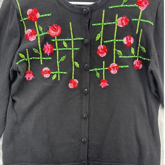Jack B Quick Vintage Embroidered Floral Black Button Up Cardigan Sweater Women M - Picture 5 of 6